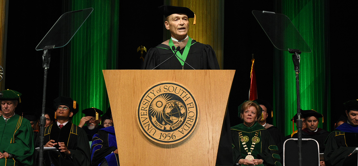 Entrepreneur and philanthropist Arnie Bellini was honored with USF’s President’s Fellow Medallion during graduation exercises.
