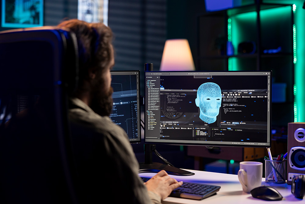 Man looking at AI-related tech and images on computer screen