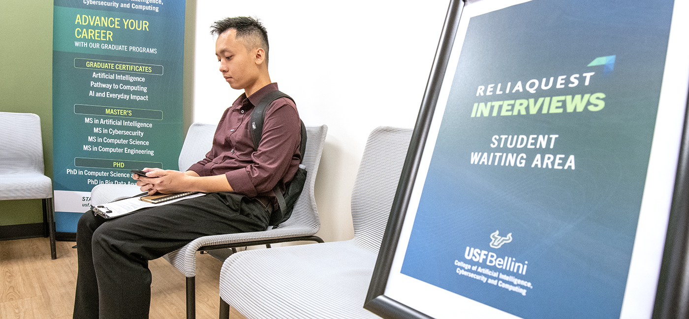 A Bellini College student prepares to interview for a position in the ReliaQuest Labs Program.