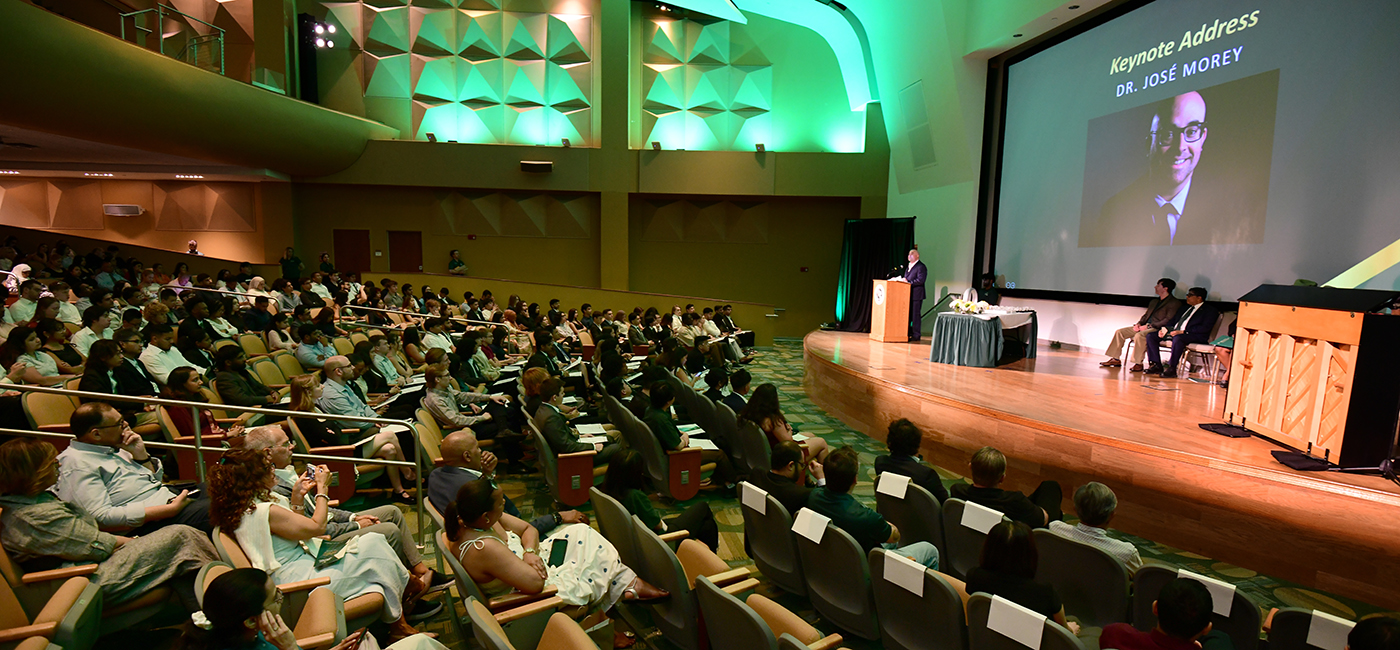 The Bellini college induction ceremony's Keynote speaker Dr. Jose Morey speaks to parents and students.