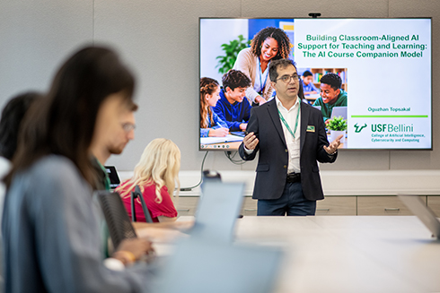 Dr. Oguzhan Topsakal gives a presentation on the AI Course companion at the recent AI in Education Summit.