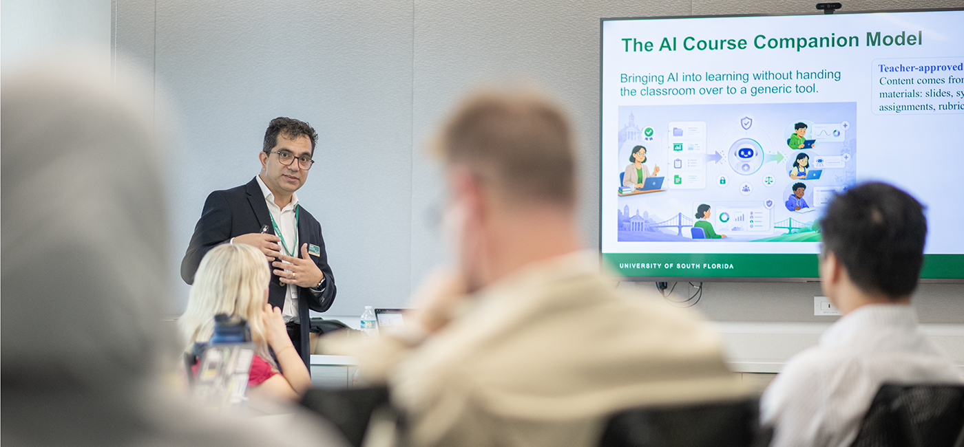 An image of a woman's hands typing at a computer and images to illustrate the AI course companion are in thought bubbles.
