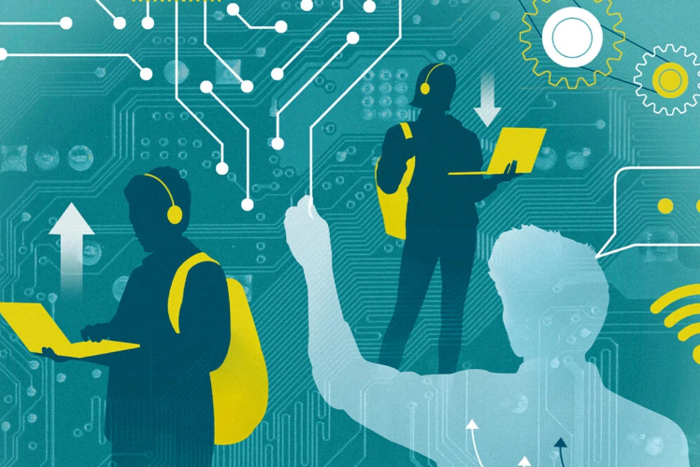 Silhouettes of three individuals engaged with technology are set against a backdrop of circuit board patterns, with one person using a laptop and another gesturing while holding a device, highlighting digital innovation and collaboration. Various graphical elements like gears and arrows symbolize progress and connectivity.
