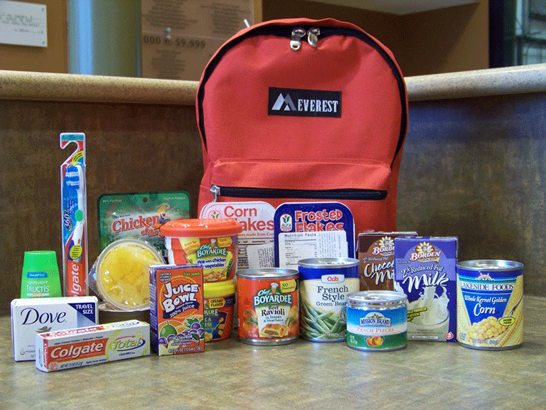 Picture of red backpack with food surrounding it