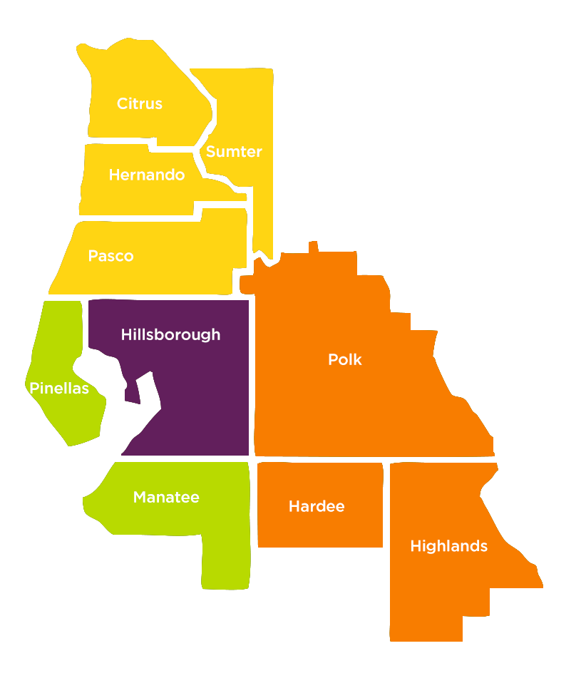Map of counties in which Feeding Tampa Bay services, including Citrus County, Hernando County, Sumter County, Pasco County, Hillsborough County, Pinellas County, Manatee County, Polk County, Hardee County, and Highlands County
