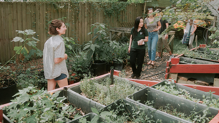 a group of students touring a local farm among rows of potted plants and herbs