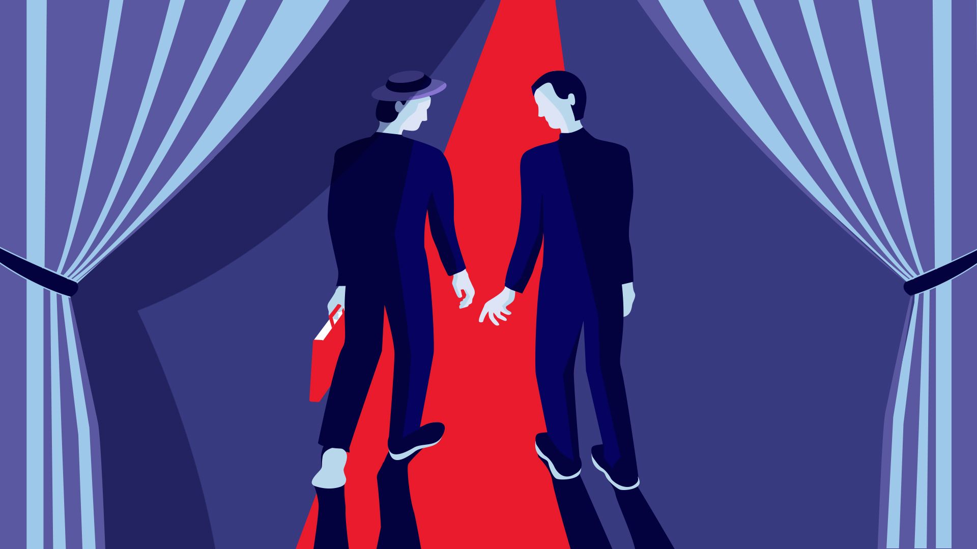 illustration of two men in blue walking away