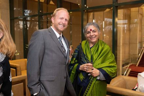 Dr. William Schanbacher, assistant professor in the Department of Religious Studies, (left) an advocate for food sovereignty, said Dr. Shiva’s message provided a plan of action for the future