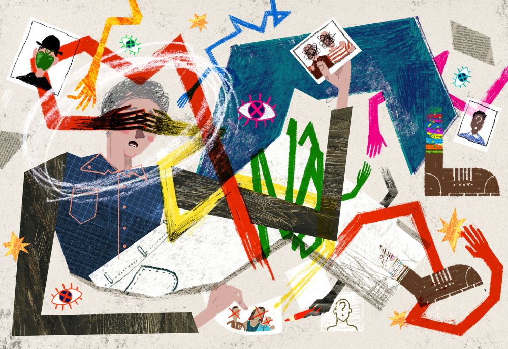 colorful paper collage with hands covering eyes of person