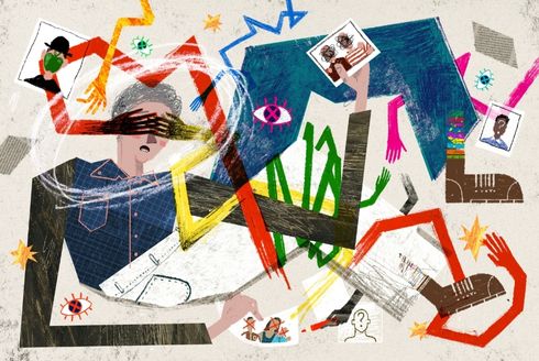 colorful paper collage with hands covering eyes of person