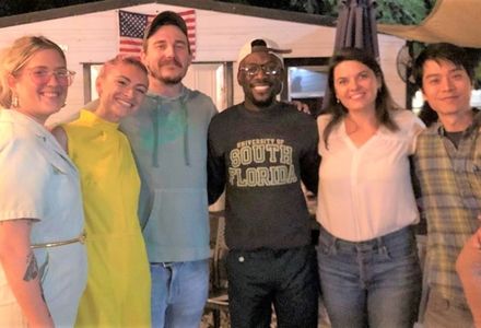 Dr. Koets (third from right) with her creative writing colleague, Ryan Cheng, and some of her MFA creative writing graduate students at the Spoonbill Reading Series.