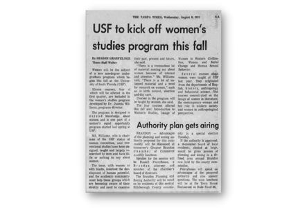 A Tampa Times newspaper article from August 1972 covering the launch of the Women’s Studies program at USF