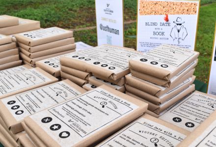 Each book is wrapped with clues about what the book might be about. (Photo by Jade von Werder)