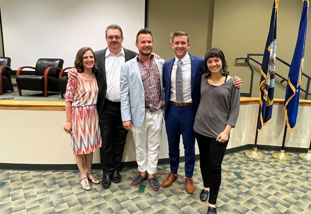 USF College of Arts and Sciences Dean Magali Michael, Associate Professor and School of Interdisciplinary Global Studies Director Dr. Scott Solomon, Assistant Professor Dr. Matt Reichel, USF senior Sam Recheck, and Monica Guzmán.