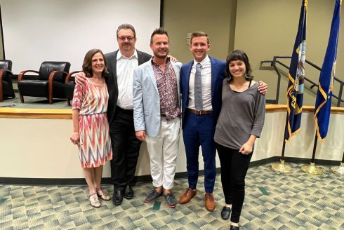 USF College of Arts and Sciences Dean Magali Michael, Associate Professor and School of Interdisciplinary Global Studies Director Dr. Scott Solomon, Assistant Professor Dr. Matt Reichel, USF senior Sam Recheck, and Monica Guzmán.