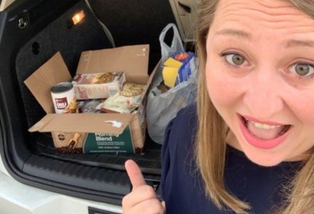 Mary Collins and Tess Ippolito deliver donations to Feed-A-Bull Pantry. (Photo courtesy of Tarin Haydt)