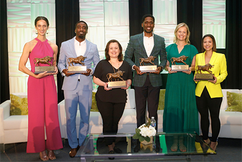 Outstanding Young Alumni Awardees (from left): Jordann Windschauer, Chris Fils, Catlin Skufca, Kayvon Webster, Candace Braun Davison, and Kristen Corpion. (Photo Courtesy of USF Alumni Association)