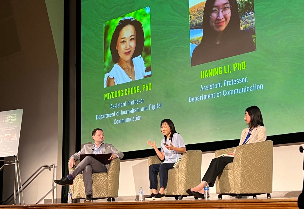 Dr. Joshua Scacco, associate professor in the Department of Communication, Dr. Miyoung Chong, assistant professor in the Department of Journalism and Digital Communication, and Dr. Jianing Li, assistant professor in the Department of Communication). (Photo by Anna Mayor)