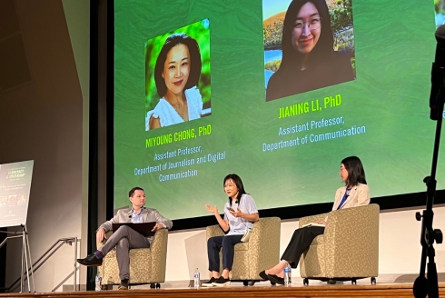 Dr. Joshua Scacco, associate professor in the Department of Communication, Dr. Miyoung Chong, assistant professor in the Department of Journalism and Digital Communication, and Dr. Jianing Li, assistant professor in the Department of Communication). (Photo by Anna Mayor)