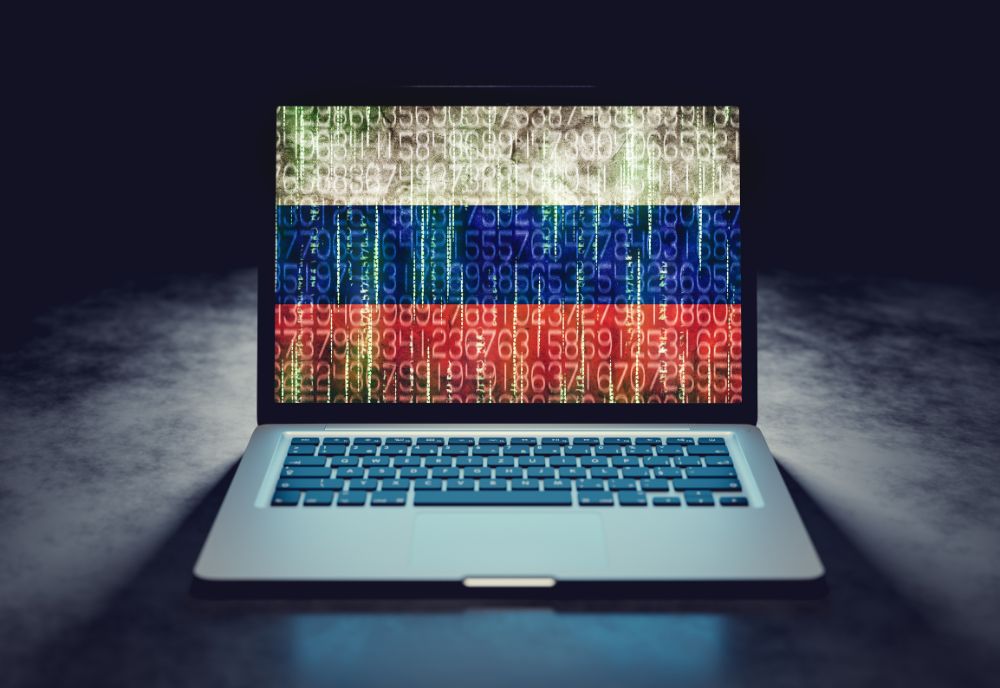 Laptop with digital image of Russian flag