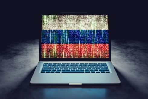 Laptop with digital image of Russian flag