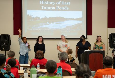 Students from the environmental justice seminar introduce their film and engage in discussion with the “Jazzy Seniors” group. (Photo courtesy of Evan Stout)