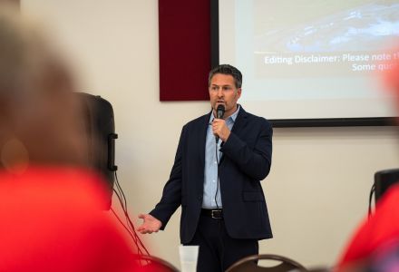 Professor Christian Wells delivers remarks at the environmental justice film festival. (Photo courtesy of Evan Stout)