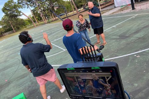 Mario Garcia (left) and actors Justina Machado (middle) and Will Sasso (right), on the set of “The Throwback”. (Photo courtesy of Mario Garcia)