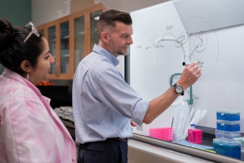 Marcus S. Cooke, PhD, FRCPath, (right) serves as chair of the department. (Photo by Alessandra Casanova)