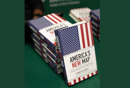 Barnett’s latest book, “America’s New Map: Restoring Our Global Leadership in an Era of Climate Change and Demographic Collapse,” served as the basis for his discussion. (Photo by Corey Lepak)