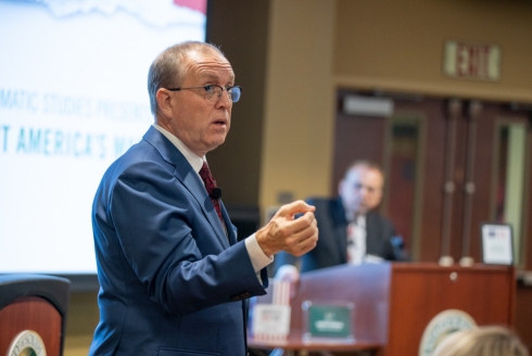 Dr. Thomas P.M. Barnett is a geopolitical strategist. He discussed his latest book, “America’s New Map: Restoring Our Global Leadership in an Era of Climate Change and Demographic Collapse,” as part of a discussion hosted by the Center for Strategic and Diplomatic Studies. (Photo by Corey Lepak)