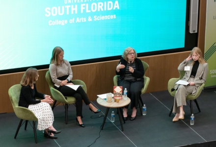 (From left) USF CAS Interim Dean, Magali Michael, USF student Hannah Craig, Dr. Kaveny, and USF student Anna Gustafson engage in a question-and-answer session following Dr. Kaveny’s opening remarks. (Photo by Corey Lepak)