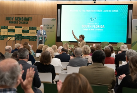 Former USF President Judy Genshaft (center) joined the evening’s discussion, which was held in the building named in her honor. (Photo by Corey Lepak)