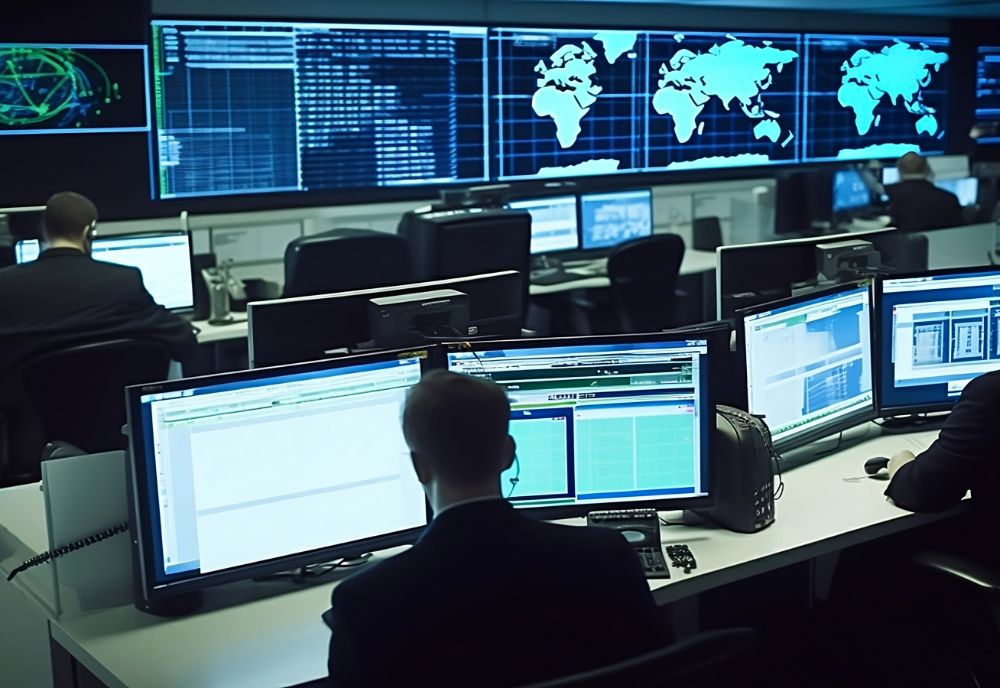 person sitting in front of computer monitors in computer room