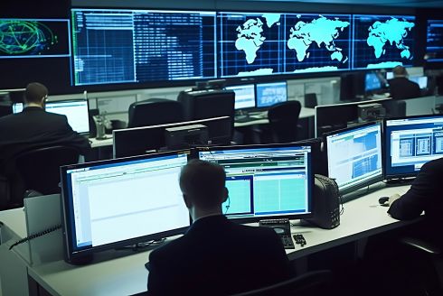 person sitting in front of computer monitors in computer room