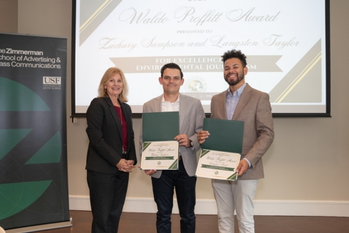 (From left) Wendy Whitt, associate director and senior associate instructor in The Zimmerman School of Advertising & Mass Communications, presents Tampa Bay Times journalists Zachary Sampson and Langston Taylor with the Waldo Proffitt Award for Excellence in Environmental Journalism in Florida. (Photo by Alessandra Casanova)