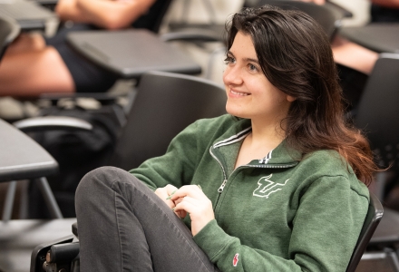 A student in the American National Government class, engaged in the conversation of speaker Nicholas B. Cox during the Bulls in Action event. (Photo by Corey Lepak)