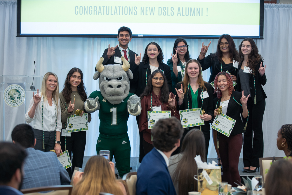 Rocky the Bull paid a special farewell visit to this year’s graduating DSLS members. (Photo by Corey Lepak)