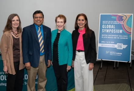 From left) CAS Interim Dean Magali Michael, Provost and Executive Vice President of Academic Affairs Prasant Mohapatra, Former USF President Betty Castor, and ISLAC Director Beatriz Padilla. (Photo by Corey Lepak)