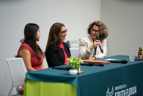 (From left) Dr. Angela Vergara, University of Central Florida, Beatriz Padilla, director of ISLAC, and Angelina Cotler, Johns Hopkins University, shared their insights during the first panel discussion. (Photo by Corey Lepak)