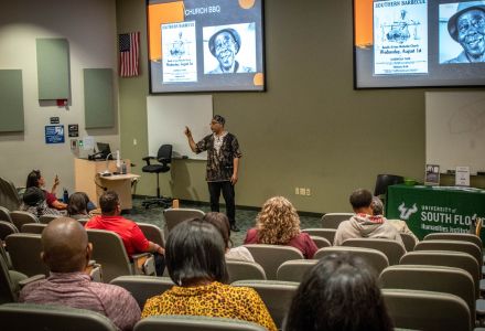 Adrian Miller discussing the Black roots of BBQ. (Photo courtesy of Liz Kicak)