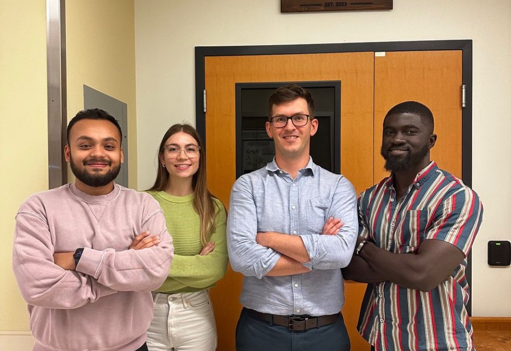 The team working on the S. aureus T7SS research (from left) Koushik Majumder, master’s student, Isabelle Powell, master’s student, Maksym Bobrovskyy, principal investigator, and Richard Agyen, PhD student. (Photo courtesy of Maksym Bobrovskyy)