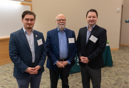 Preston Kifer (left), undergraduate student majoring in political science and theater, and Dr. Josh Scacco (right) associate professor in the Department of Communication and director of the Center for Sustainable Democracy, led the discussion with Alves (center). (Photo by Corey Lepak)