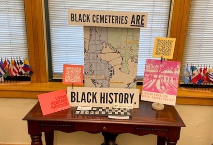 An exhibit, designed by USF PhD student and Living Heritage Research Associate Kaleigh Hoyt, showcasing the work of the AABGP is currently on display at the Mascotte room in Old City Hall in downtown Tampa for Black History Month. (Photo courtesy of Shirley Foxx-Knowles)