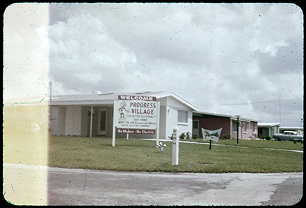 A Progress Village community welcome sign in January of 1957. (Photo courtesy of Cody Fowler, USF Digital Commons)