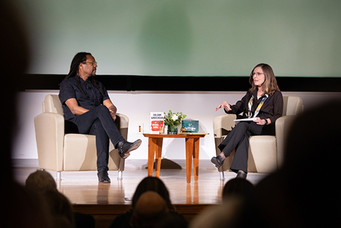 Colson Whitehead and CAS Interim Dean Magali Michael discuss Whitehead’s Pulitzer-Prize-winning novel, “The Nickel Boys.” (Photo by Corey Lepak)