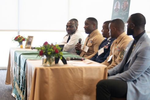 Kendrick Williams of USF’s Joint Military Leadership Center moderated a panel featuring MSG LeVon Sains, Senior Military Science Instructor, GySgt Darius O. Robinson, Assistant Marine Officer Instructor, SSgt. Dominque Robinson, SSgt Jordan M. Barnes (student) and OC Justus Betts (students) for a discussion of ROCT at USF. (Photo by Corey Lepak)