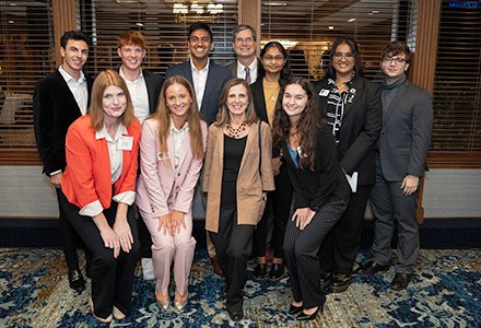 DSLS members, along with stewardship and success coordinator, Grace Partridge and Interim Dean Magali Michael, attending the Trail Blazers speaker series event featuring Dr. John Arthur. (Photo by Corey Lepak)