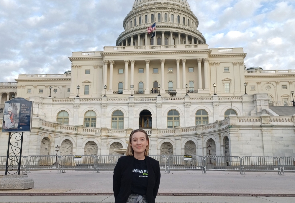 Annabelle Folsom in D.C. during the Student PIRGs’ National Lobby Day held last February. Students from PIRG chapters around the country went to D.C. to talk to representatives about supporting bills related to affordable textbooks, the right to repair, and reducing single-use plastics. (Photo courtesy of Folsom)