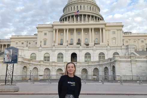 Annabelle Folsom in D.C. during the Student PIRGs’ National Lobby Day held last February. Students from PIRG chapters around the country went to D.C. to talk to representatives about supporting bills related to affordable textbooks, the right to repair, and reducing single-use plastics. (Photo courtesy of Folsom)